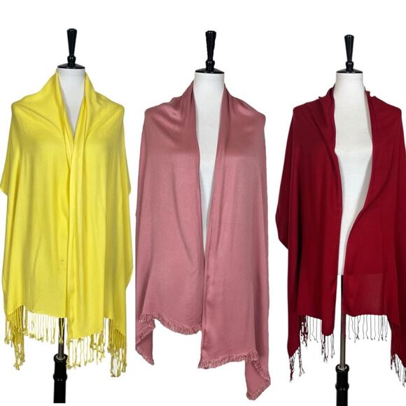 Women’s Bundle 9 Oblong Scarfs Solid Color Fringe Pink Teal Yellow Red Brown Tan - Picture 4 of 16